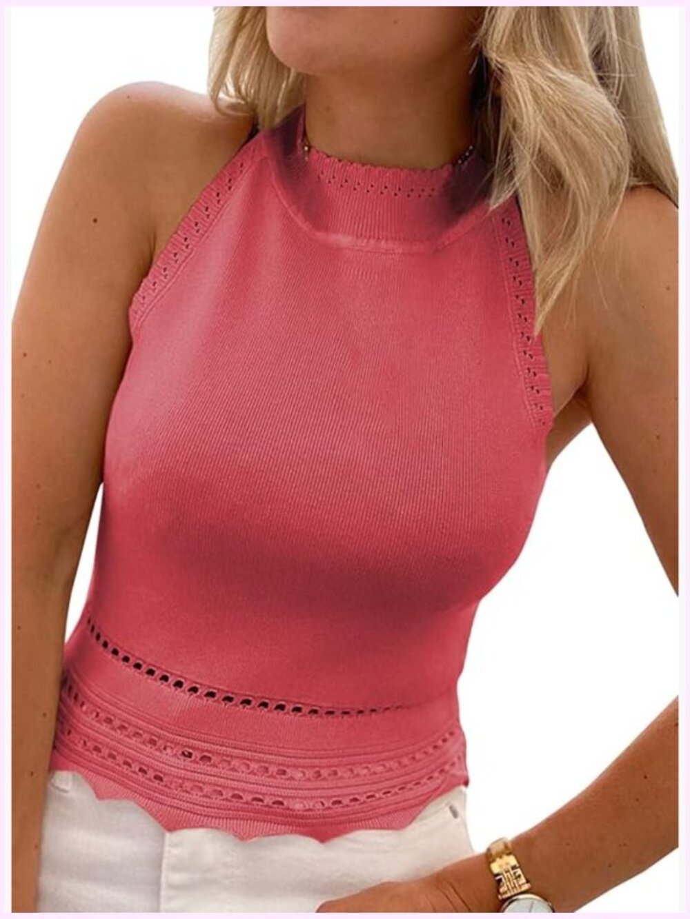 Ribbed Knit Racerback High Neck Crop Tank Top - Sleeveless Slim Cami